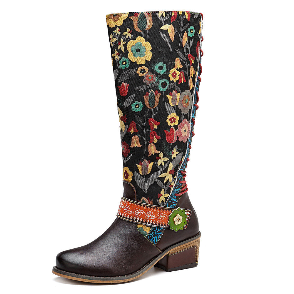Floral Pattern Genuine Leather Splicing Knee Flat Boots