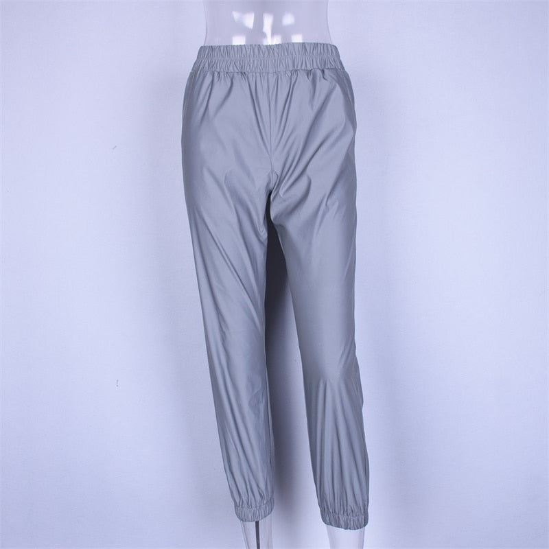 Women Flash Reflective Casual Gray Solid Streetwear Trousers