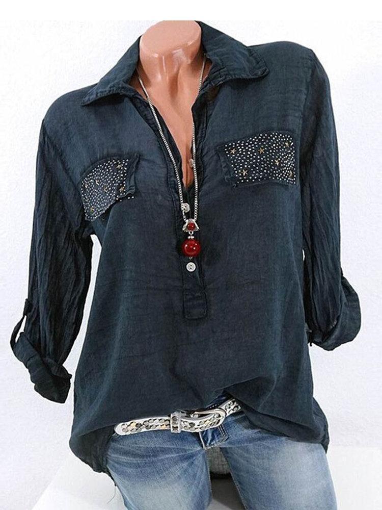 Casual Lapel Long Sleeve Sequins Decorated Women Shirts
