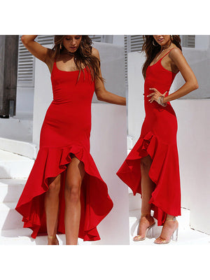 Sexy Ruffled Wide-Spreaded Mopped Solid Color Dress