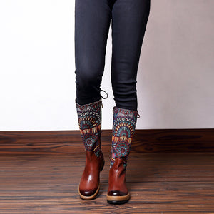 Bohemian Splicing Pattern Flat Leather Rainbow Knee Boots