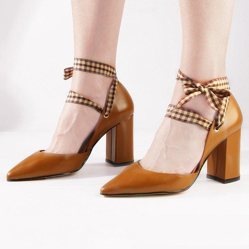 Plaid Bowknot Pointed Toe Work Shoes