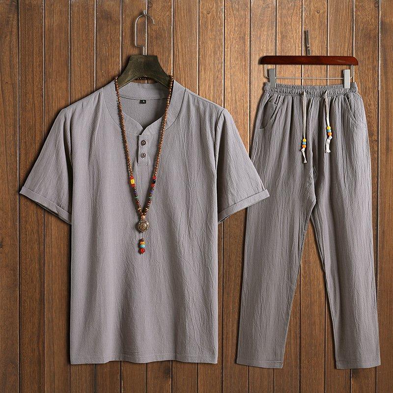 Men's Vintage Style Sets Two Buckle Short-sleeved T-shirt + Trousers Casual Two-piece