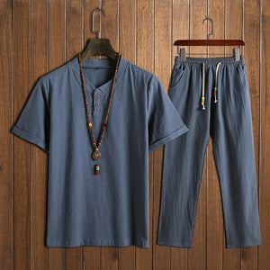 Men's Vintage Style Sets Two Buckle Short-sleeved T-shirt + Trousers Casual Two-piece