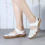 Leather Hollow Out Hook Loop Casual Flat Sandals For Women