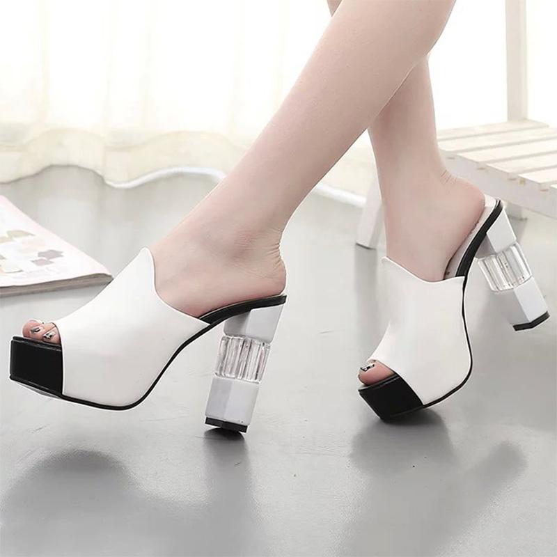 Peep Toe Chunky Heel PU Platform Slippers
