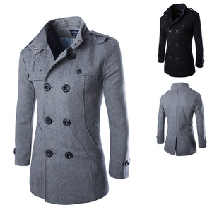 Mens Double Breasted Mid-long Woolen Trench Coat