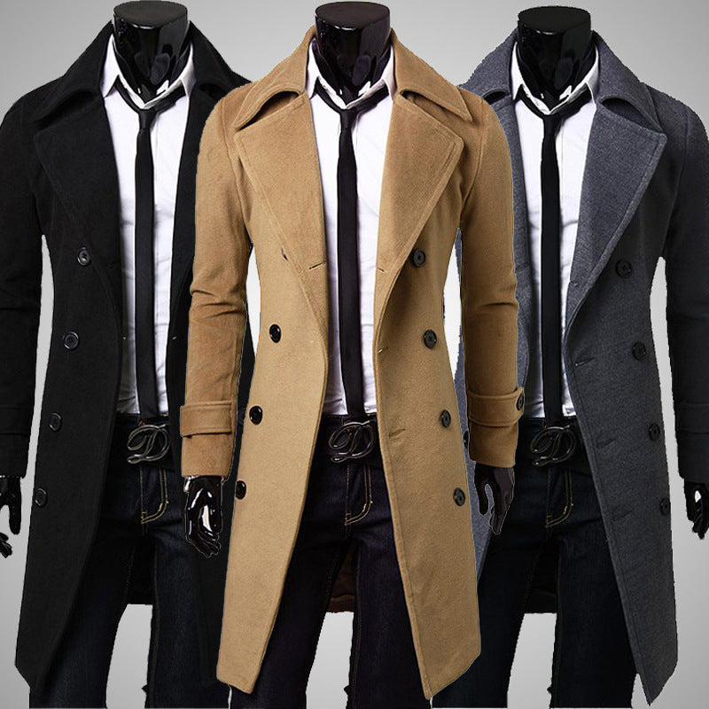 Mens Double Breasted Stand Collar Mid-long Trench Coat