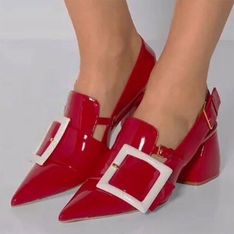 Chic Buckle Patent Leather Pointed Toe Chunky Heels