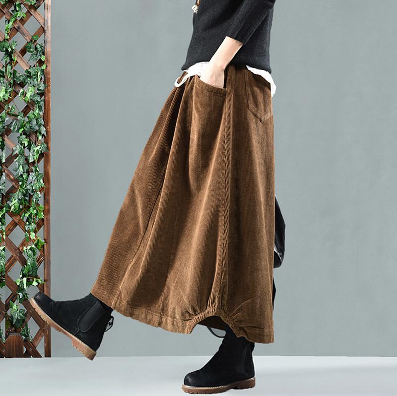 Elastic Waist Calf Length Winter Corduroy Skirt