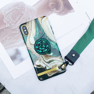 Luxury Marble Pattern Silicone Gel iPhone Case with Fur Ball And Phone Holder