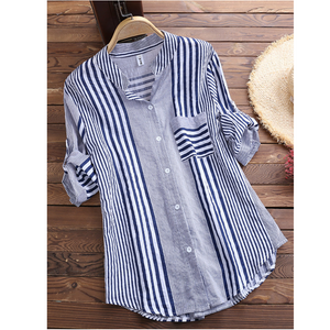 Patchwork Stripe Print Stand Collar Irregular Casual Shirts