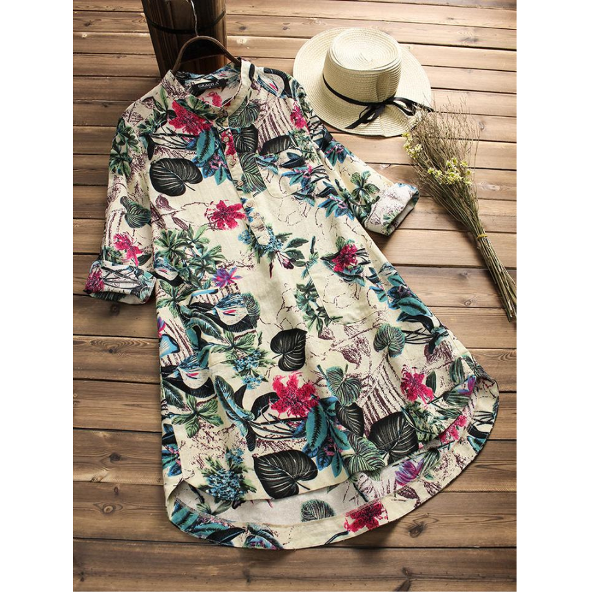 Women Floral Printed Stand Collar Mid-Long Vintage Blouses