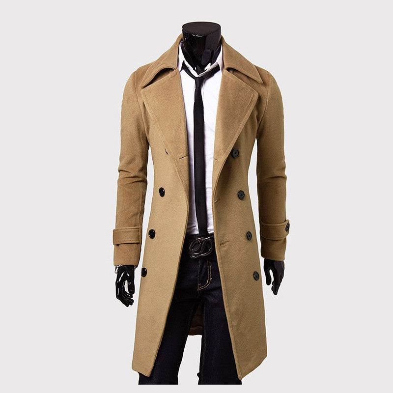 Mens Double Breasted Stand Collar Mid-long Trench Coat