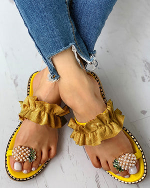 Pineapple Pattern Toe Ring Frill Hem Casual Sandals