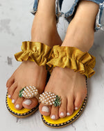 Pineapple Pattern Toe Ring Frill Hem Casual Sandals