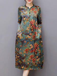 Vintage Women Long Sleeve O-Neck Random Print Dresses
