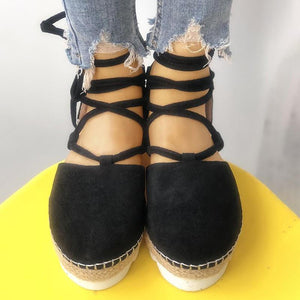 Solid Color Lace-Up Hollow Ankle Strap Flats