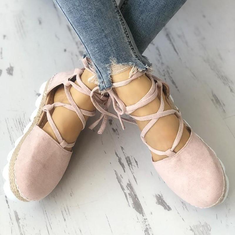 Solid Color Lace-Up Hollow Ankle Strap Flats