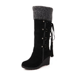 Big Size Tassel Lace Up Knee High Wedge Boots