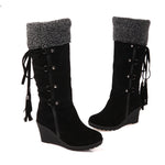 Big Size Tassel Lace Up Knee High Wedge Boots