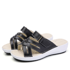Leather Buckle Metal Color Match Platform Beach Sandals Slippers
