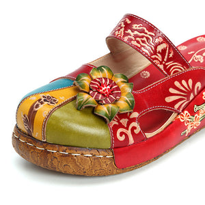Vintage Colorful Leather Hollow Out Backless Flower Slippers