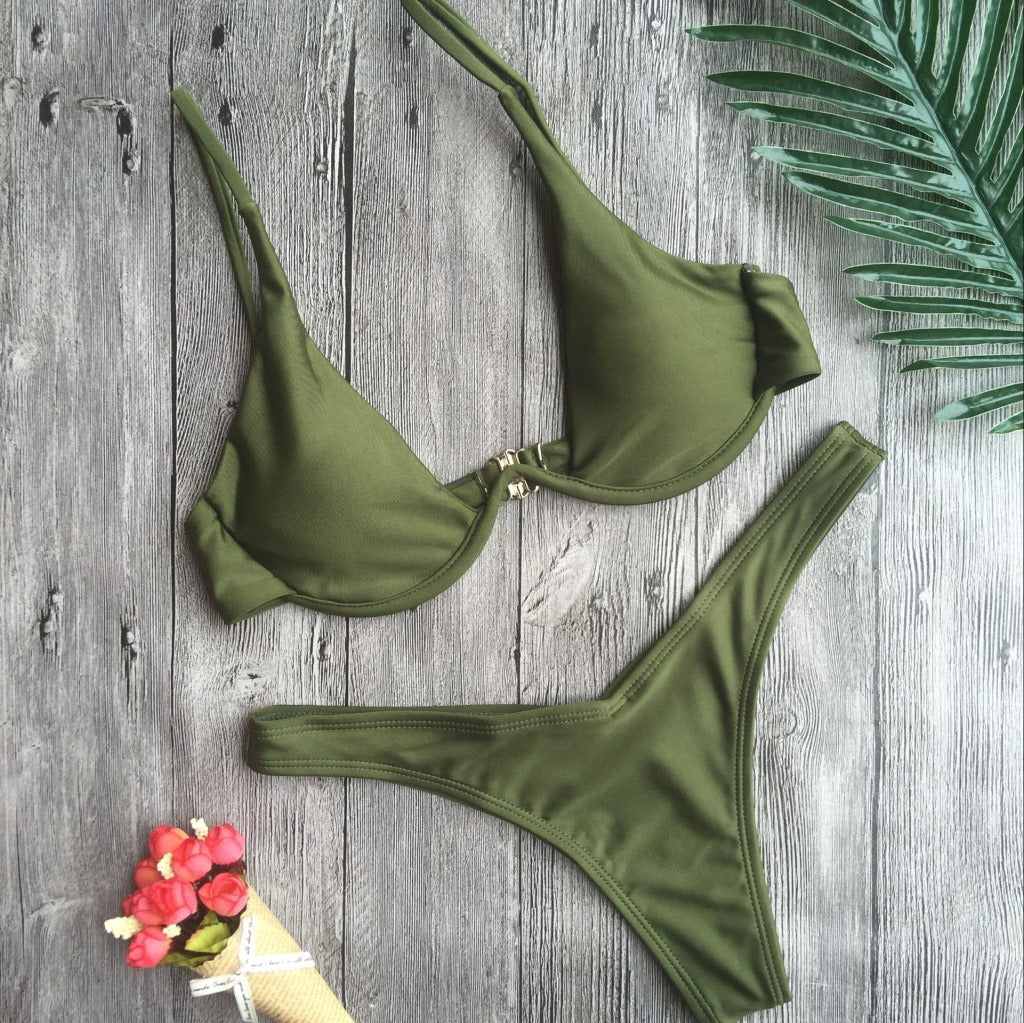 Halter Backless Cutout Patchwork Plain Bikini