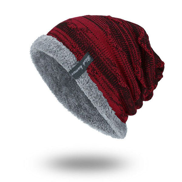 Men's Solid Color Stripe Knit Plus Velvet Fashion Beanie Hats