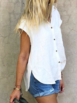 Casual Plain Shirt Collar Cotton-Blend Blouses&shirts