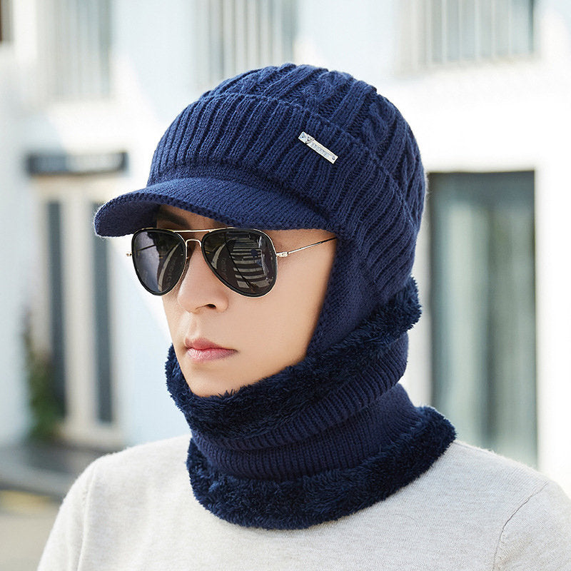 Men Winter Warm Ears Velvet Knit Beanie Scarf Cotton Hats