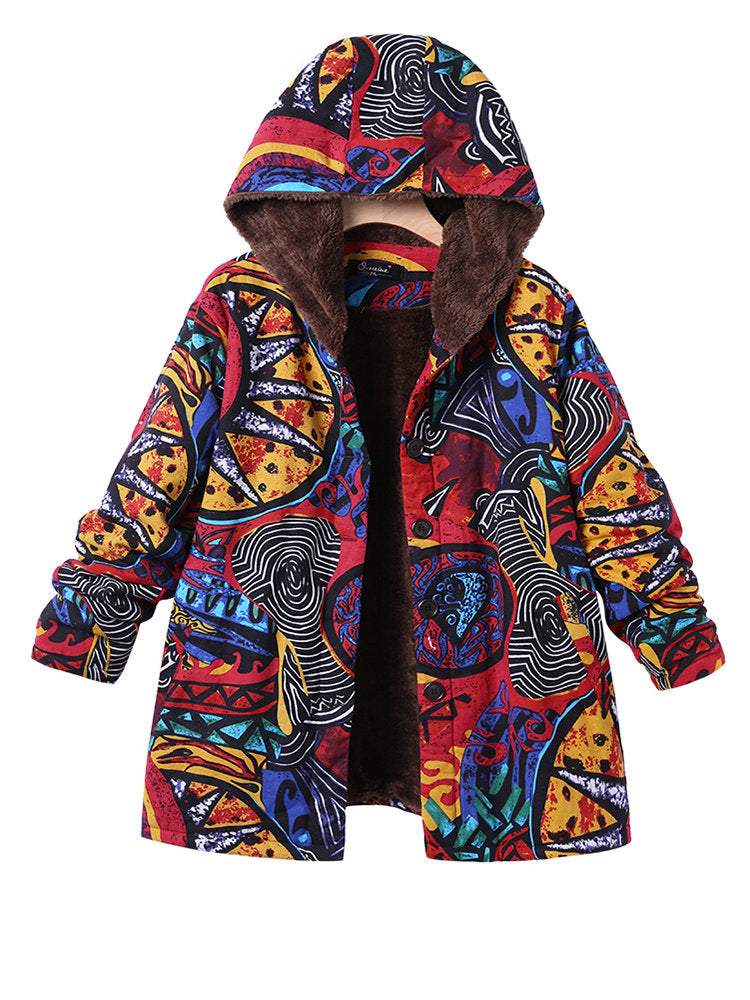 Casual Printed Hooded Coats with Pockets
