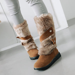 Large Size Furry Stitching Mid Calf Slip On Warm Knee Boots