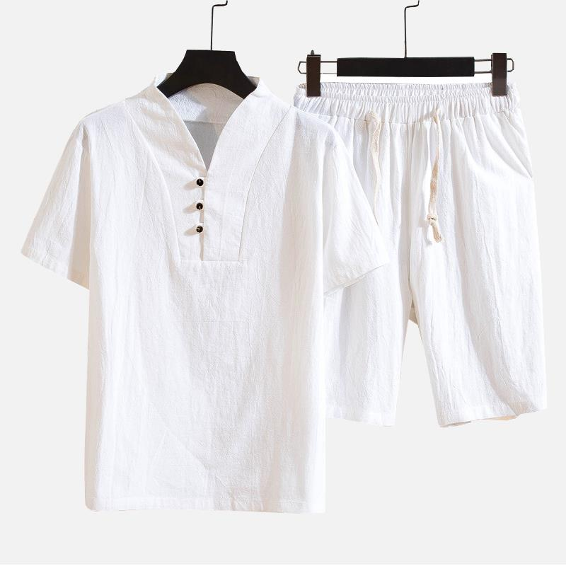 Men's Breathable Linen Home Sets Summer Short Sleeve Tops Drawstring Shorts