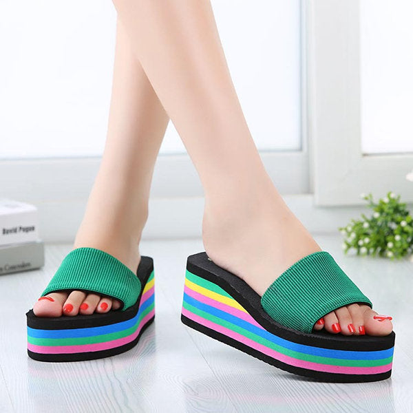 Colorful Rainbow EVA Peep Toe Platform Slip On Beach Slippers