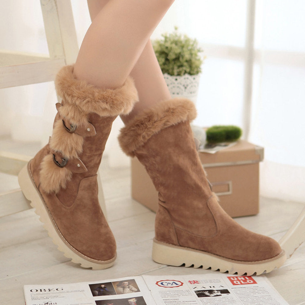 Large Size Buckle Decoration Slip On Mid Calf Warm Knight Boots