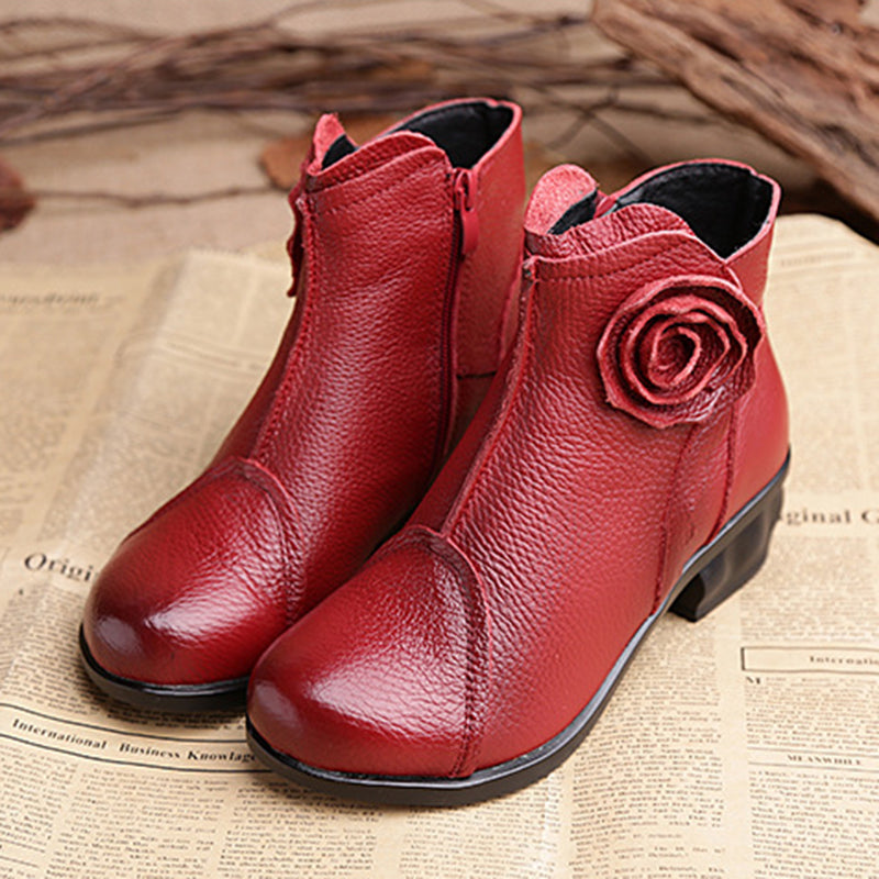 Retro Ankle Handmade Floral Zipper Soft Leather Boots