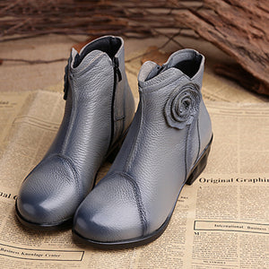 Retro Ankle Handmade Floral Zipper Soft Leather Boots