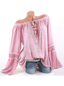 Lace Stitching Pure Color Off Shoulder Shirts For Women