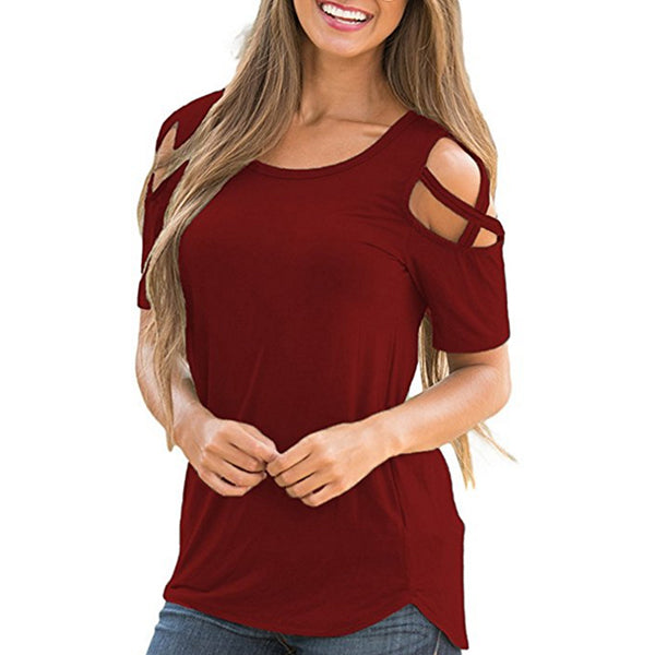 Solid Criss-Cross Cold Shoulder Blouse without Necklace