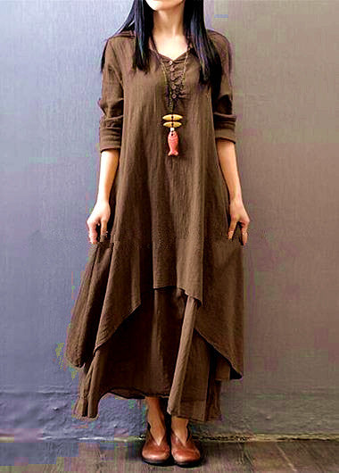 Vintage Long Sleeve V-Neck Irregular Maxi Dresses