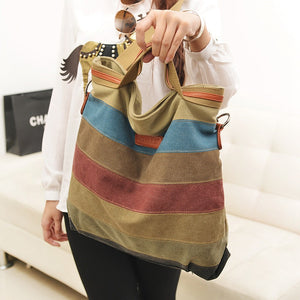 Women Canvas Striped Contrast Color Canvas Crossboby Bags