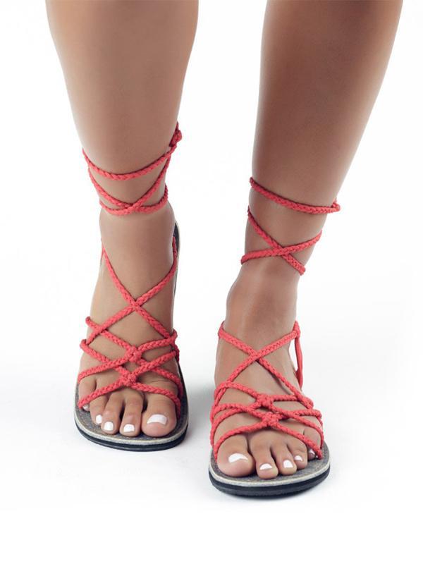 Solid Braid Lace Up Flat Sandals-Shoes-Fechicin.com