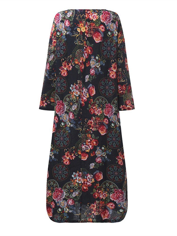 Vintage Women Long Sleeve Floral Printed Loose Long Maxi Dresses