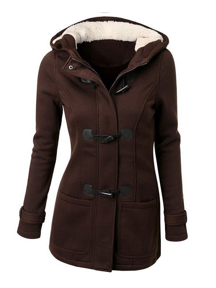 Women Horn Button Cotton Fleece Hooded Coat