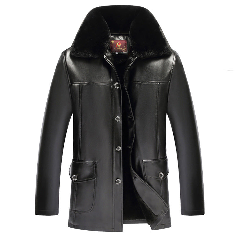 Men's Winter Casual Thicken Fleece Lining Warm Single-breasted PU Jacket Coat