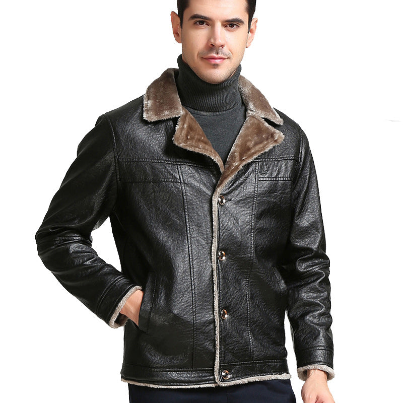 Men's PU Leather Fleece Lining Thickened Warm Suit Collar Casual Jacket