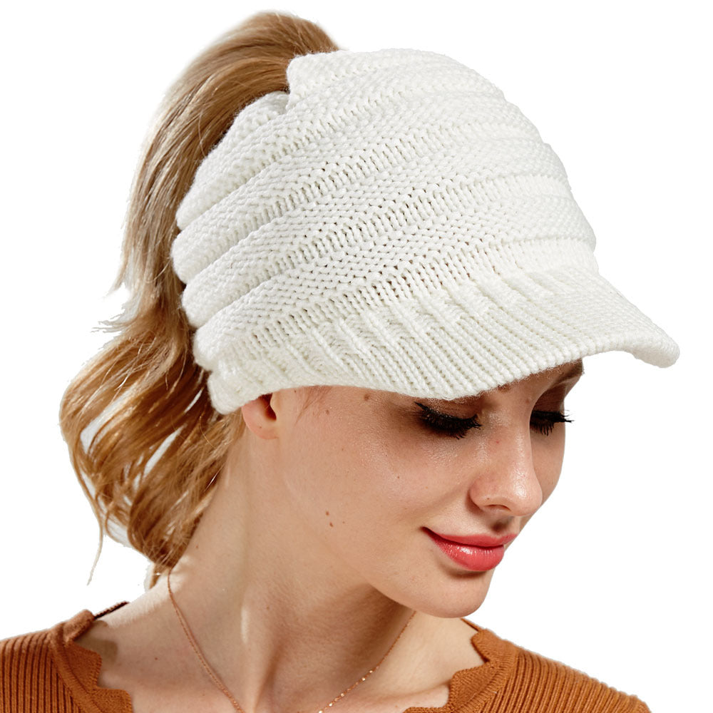 Women Soft Woolen Multifunctional Knit Hat Messy Bun Hat Warm Elastic Ponytail Beanie Hat