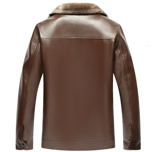 Men's Winter Casual Business Thicken Fleece Lining Zip Up PU Leather Jacket
