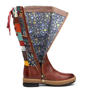 Bohemian Splicing Pattern Flat Leather Rainbow Knee Boots